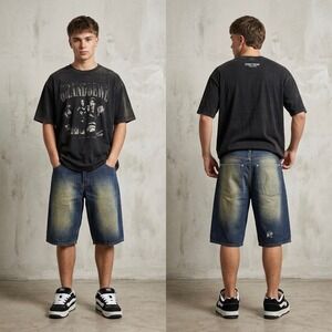 Paco Jeans Mens 30 Baggy Denim Shorts Blue Sandblasted Y2K Streetwear Skater